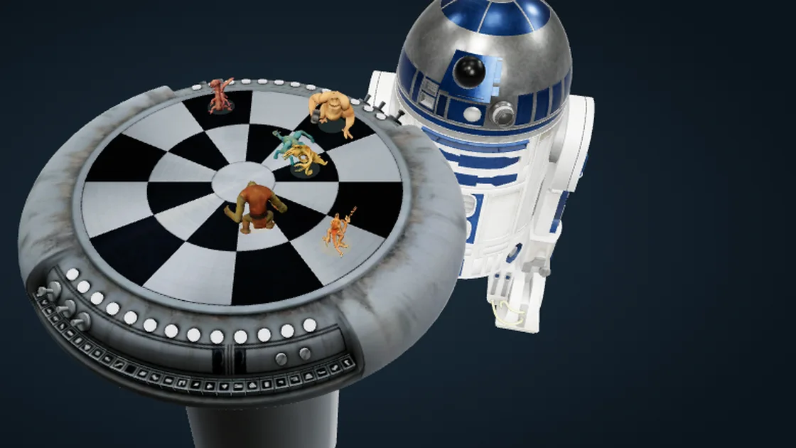 HoloChess: the holographic chess table with its pieces, R2-D2 as the opponent
