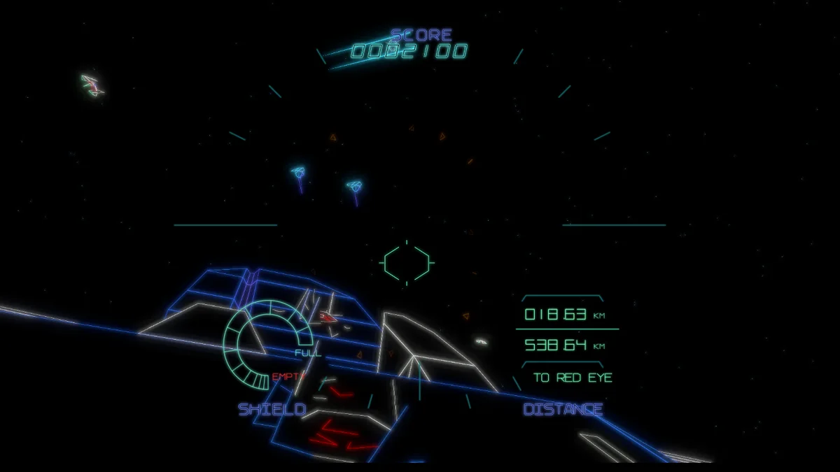 Starblade: vector-style cockpit view with score, shield and distance to target